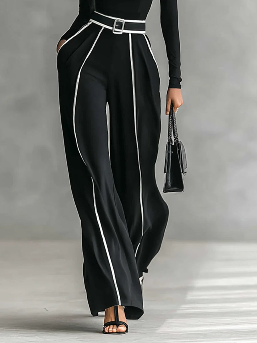 Linda | High-Neck Top & Wide-Leg Pants Set with Belt