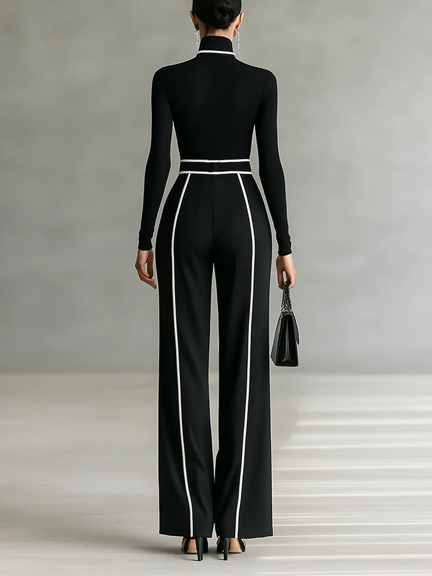 Linda | High-Neck Top & Wide-Leg Pants Set with Belt