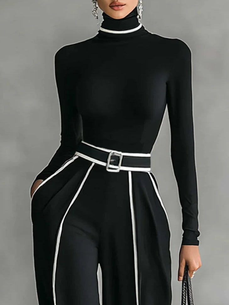 Linda | High-Neck Top & Wide-Leg Pants Set with Belt