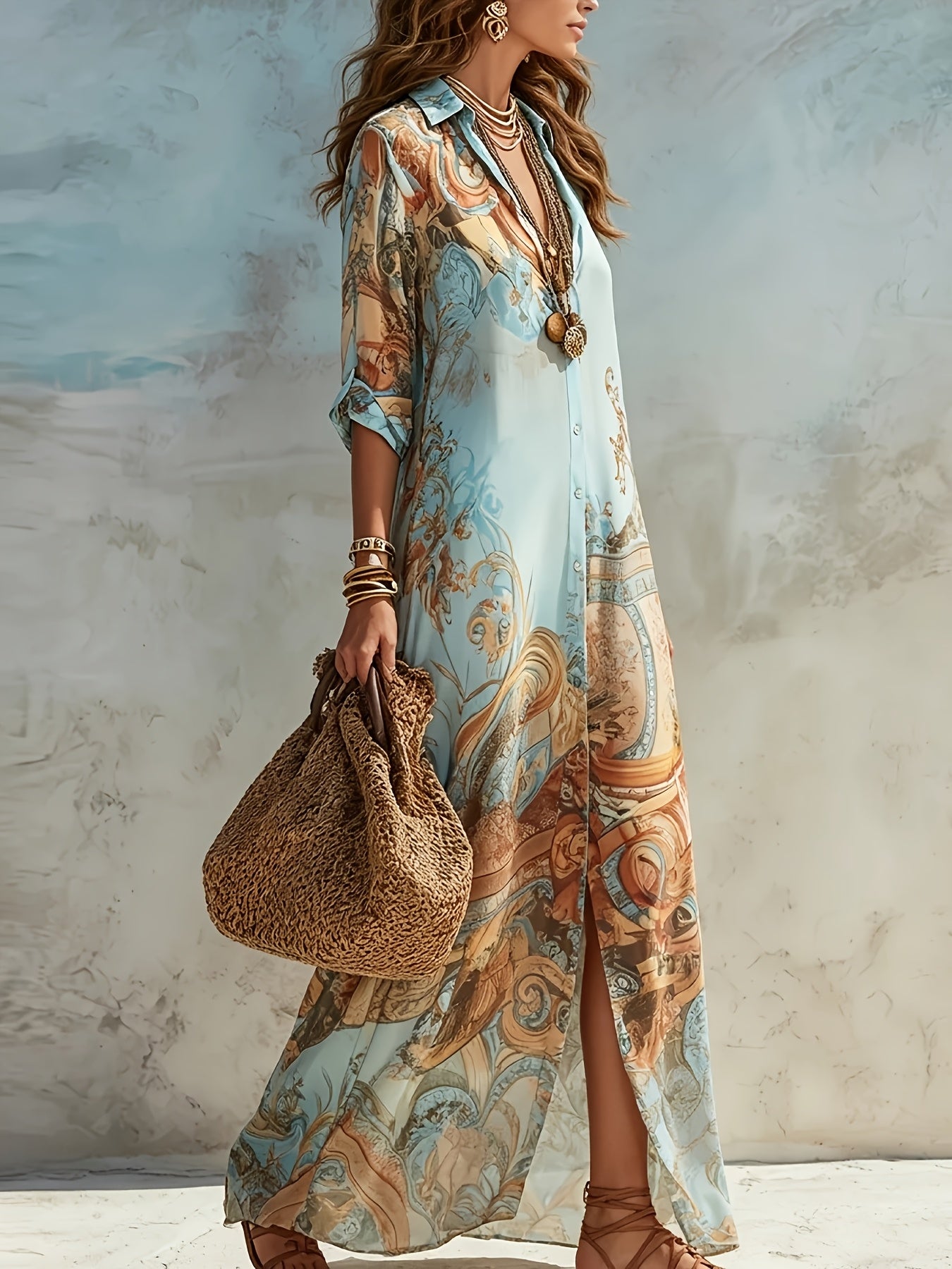 Women's Baroque Floral Print Maxi Shirt Dress Pointed Collar Long Sleeve Button Front Casual