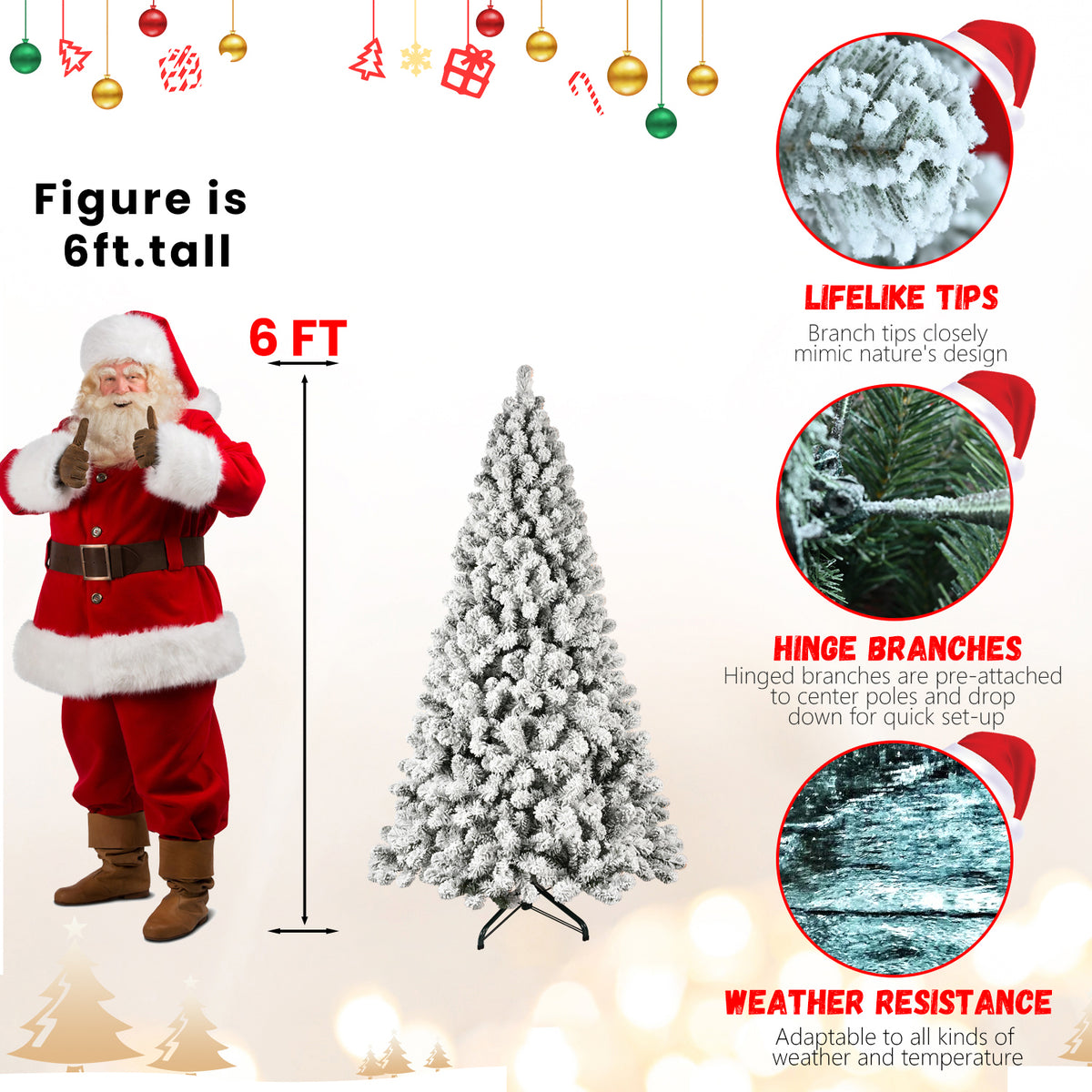 Pre-Lit Snow Flocked Christmas Tree 5ft, 6ft, 8ft, 9ft – Hinged PVC Branches with Lights