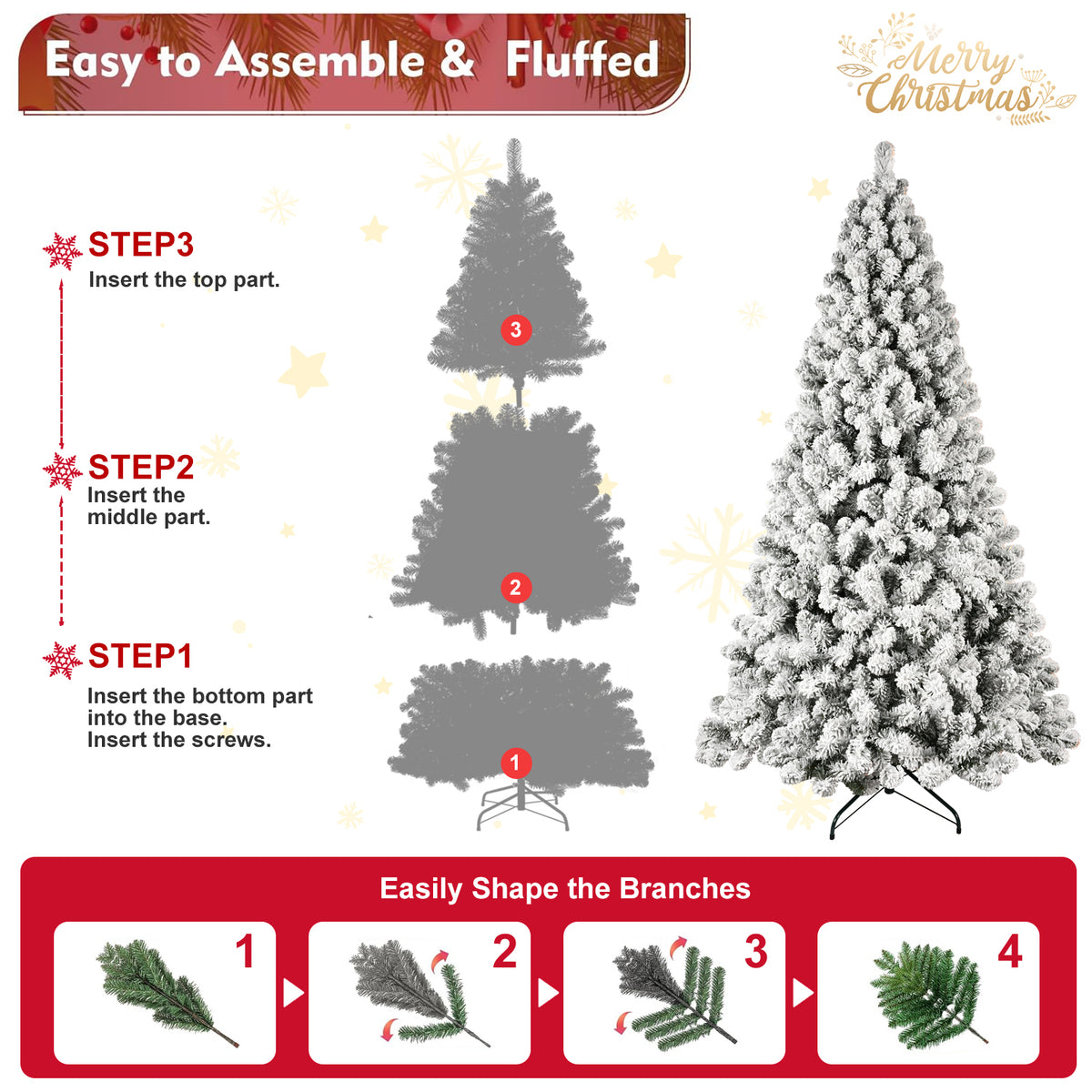 Pre-Lit Snow Flocked Christmas Tree 5ft, 6ft, 8ft, 9ft – Hinged PVC Branches with Lights