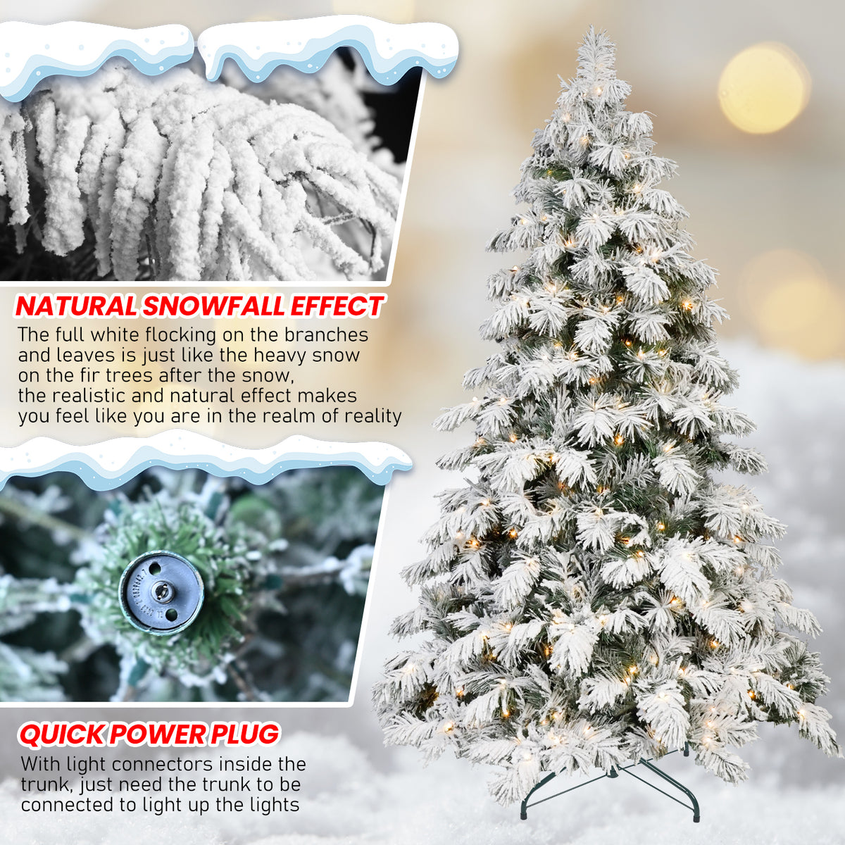 Pre-Lit Snow Flocked Christmas Tree 5ft, 6ft, 7ft, 8ft – Warm White LED, Hinged Branches