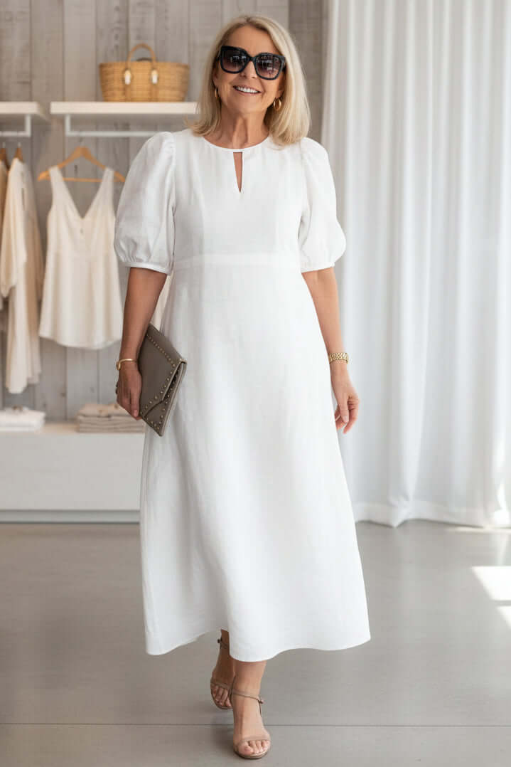 Women's Midi Dress Puff Sleeve Keyhole Neckline Button Detail