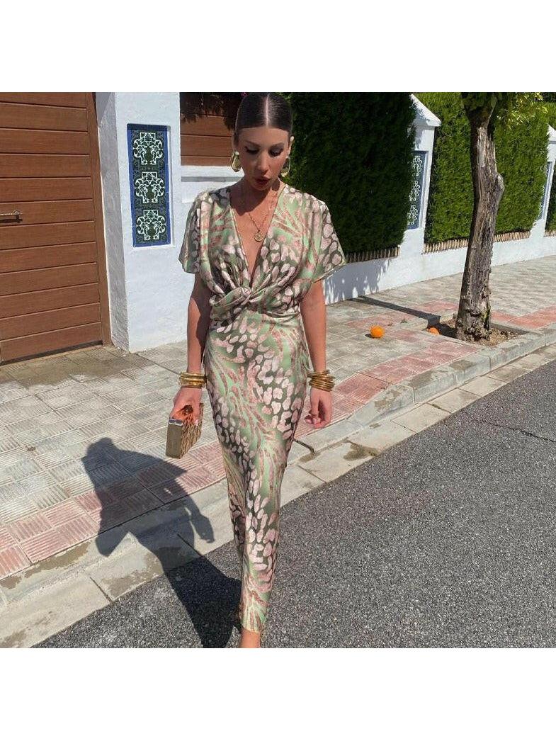 Women's V-Neck Maxi Dress Twist Front Short Sleeve Leopard Print Party