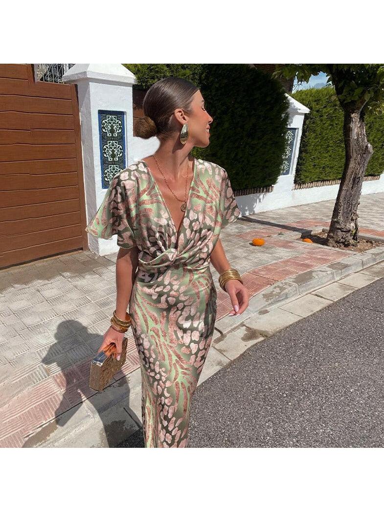 Women's V-Neck Maxi Dress Twist Front Short Sleeve Leopard Print Party