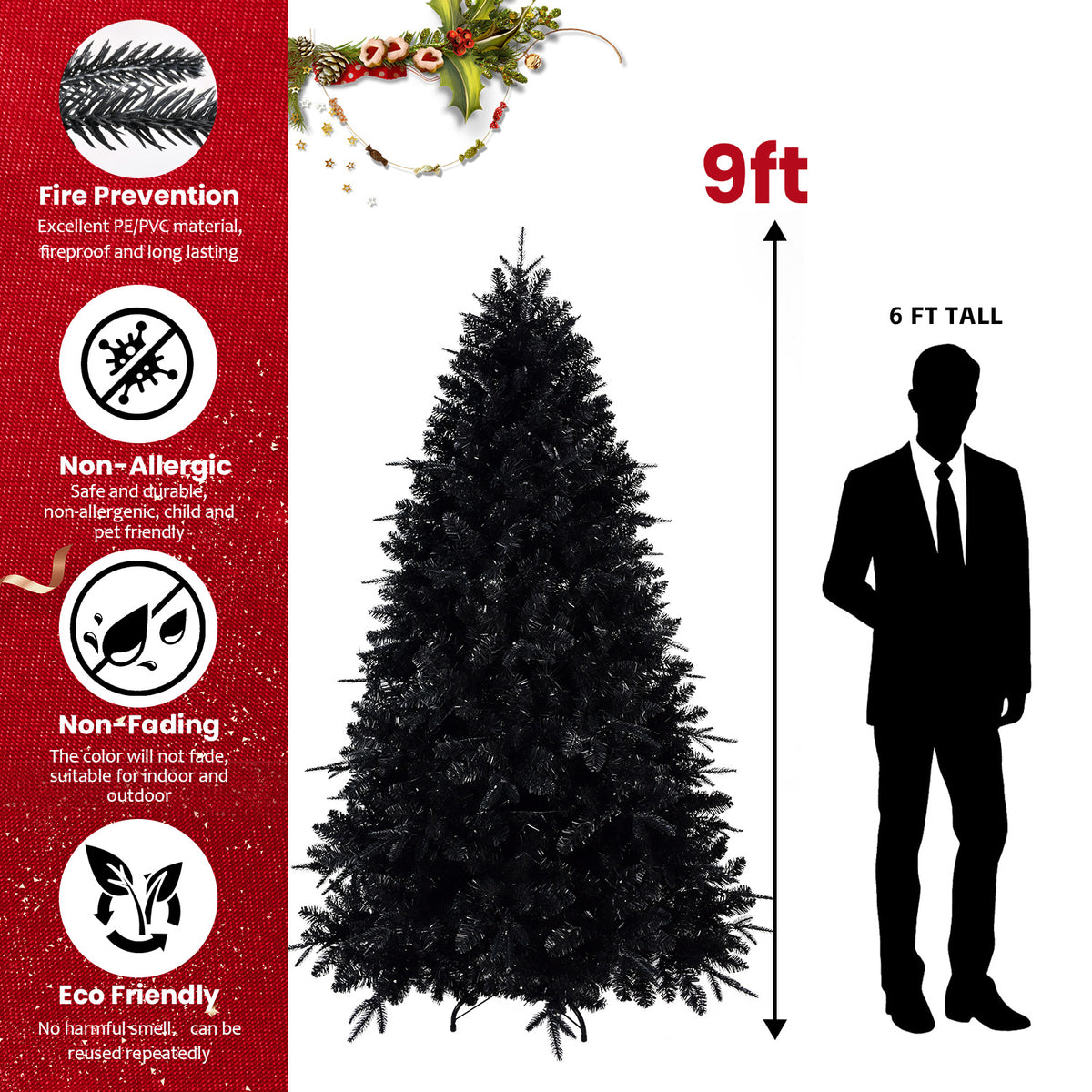 Pre-Lit Black Christmas Tree 5ft, 6ft, 7ft, 8ft – White Lights, PE/PVC Tips, Hinged Branches