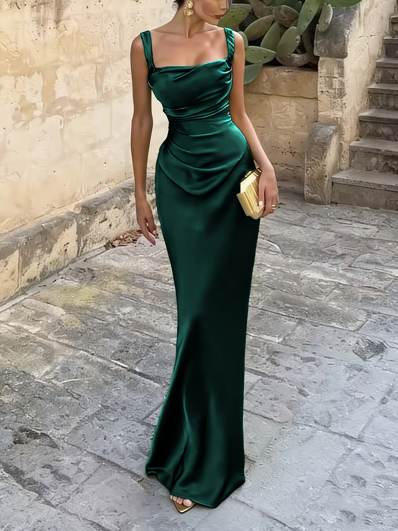 Women's Satin Maxi Dress Square Neck Spaghetti Strap Ruched Bodycon Wedding Party Gown