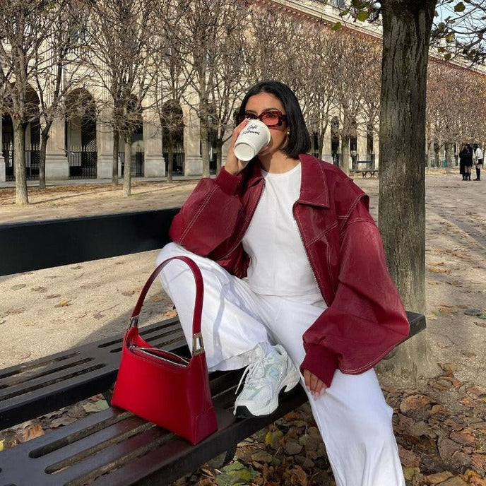 Women's Oversized Bomber Jacket Wide Collar Ribbed Cuffs Red