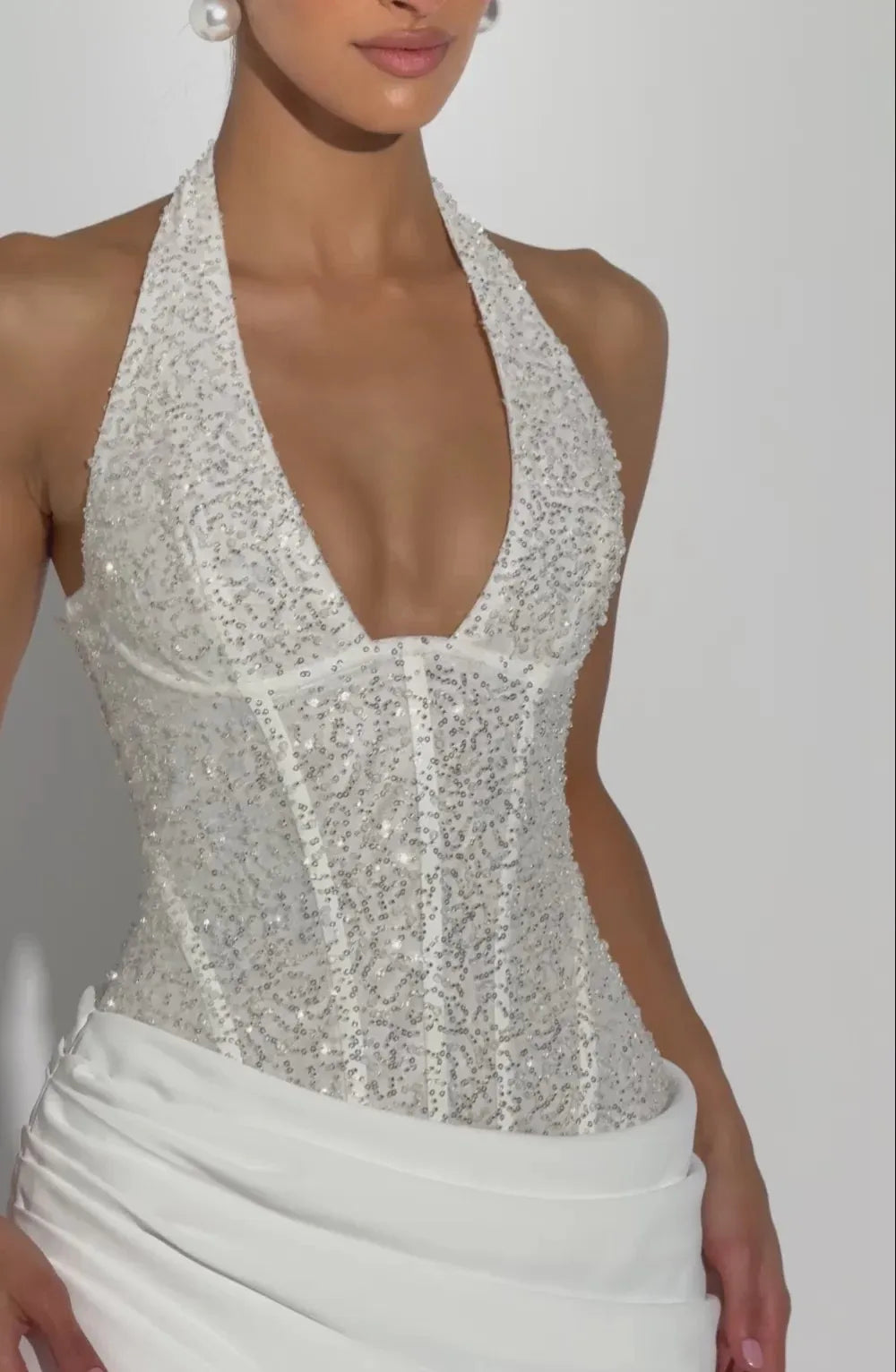 Women's Halter Neck Wedding Guest Maxi Dress Sequin Bodice Backless Bridal Gown