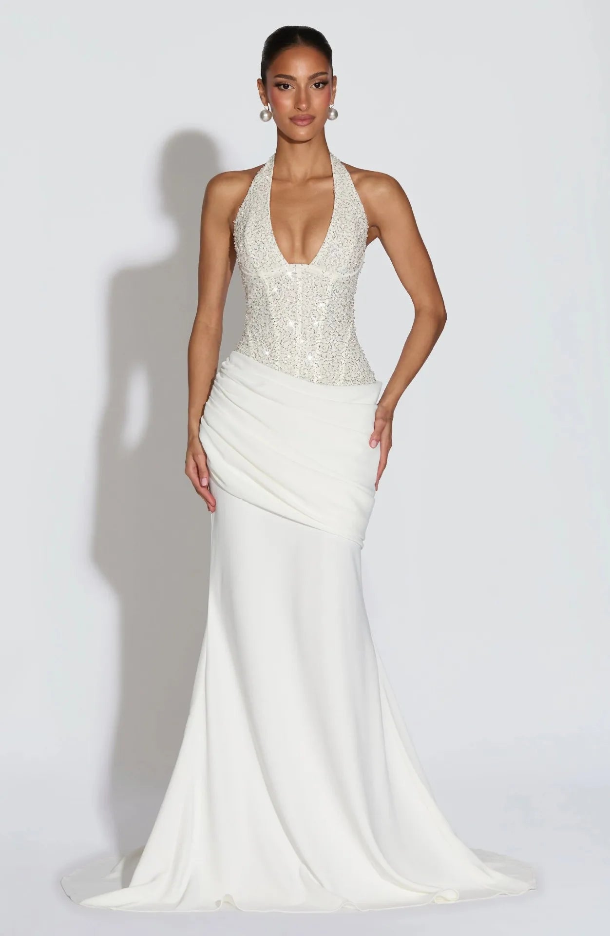 Women's Halter Neck Wedding Guest Maxi Dress Sequin Bodice Backless Bridal Gown