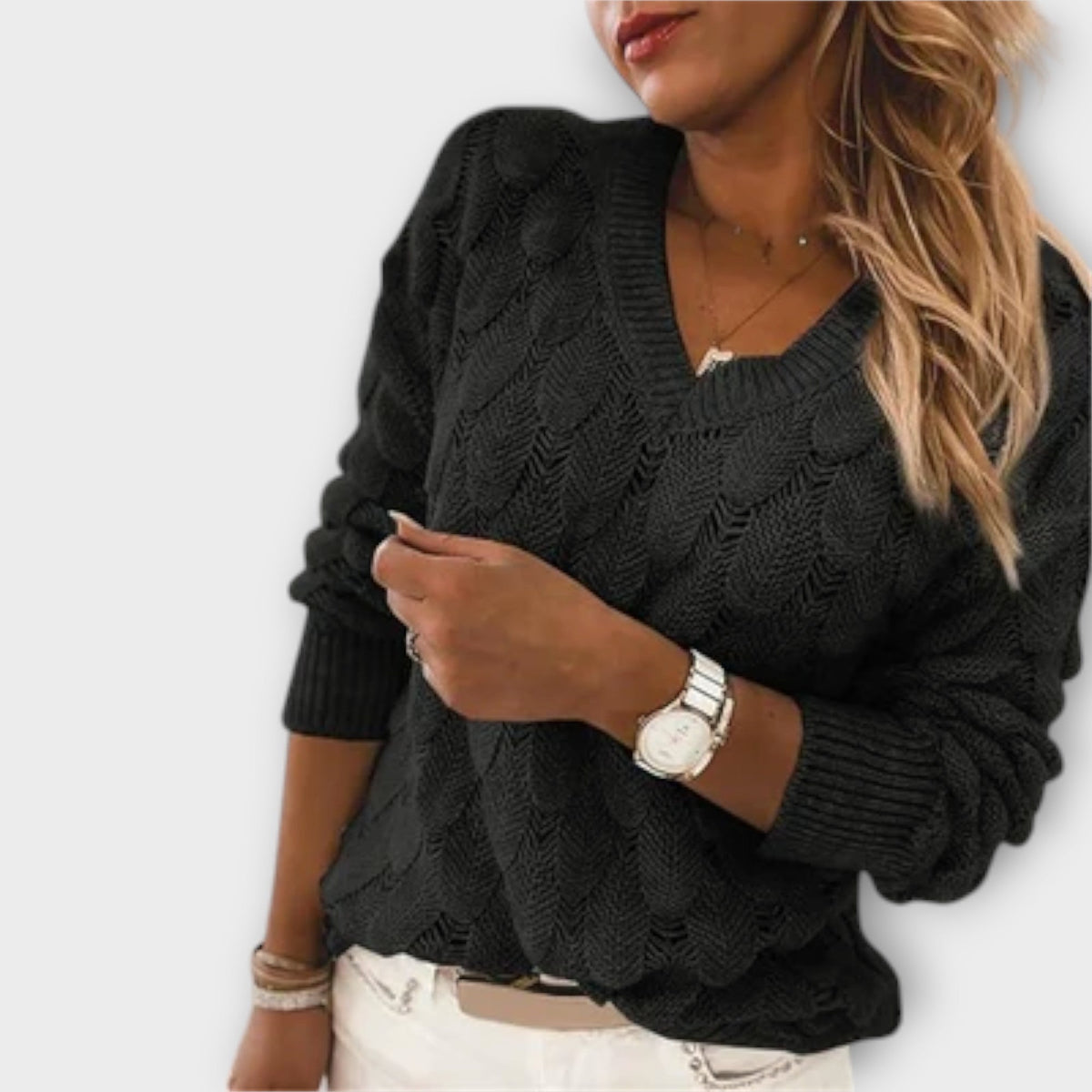 Calveth | Women's Cable Knit Sweater V-Neck Pullover