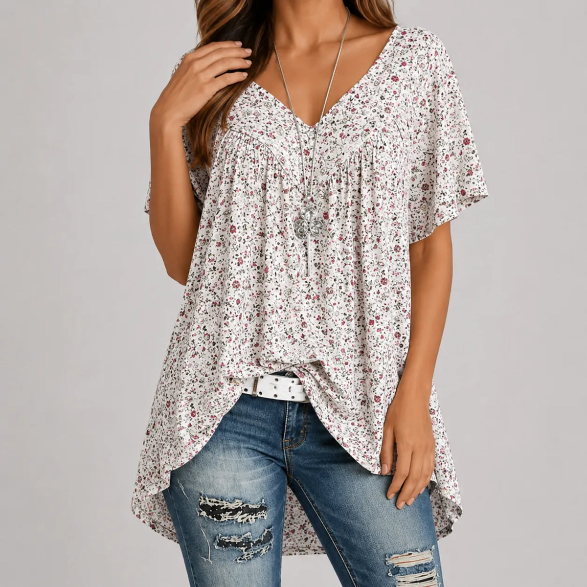 Calveth | Women's Floral Tunic Top Short Sleeve