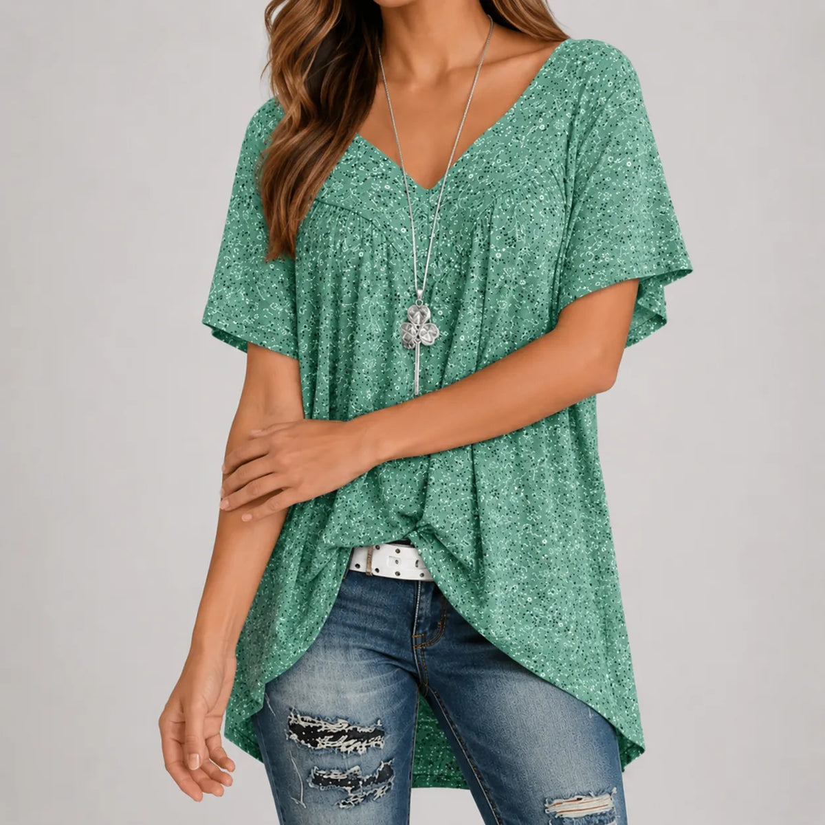 Calveth | Women's Floral Tunic Top Short Sleeve