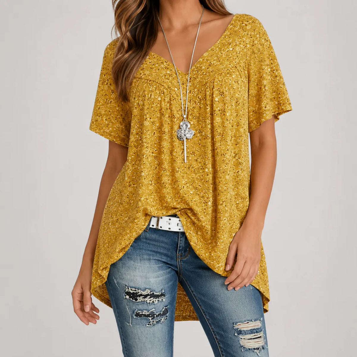 Calveth | Women's Floral Tunic Top Short Sleeve
