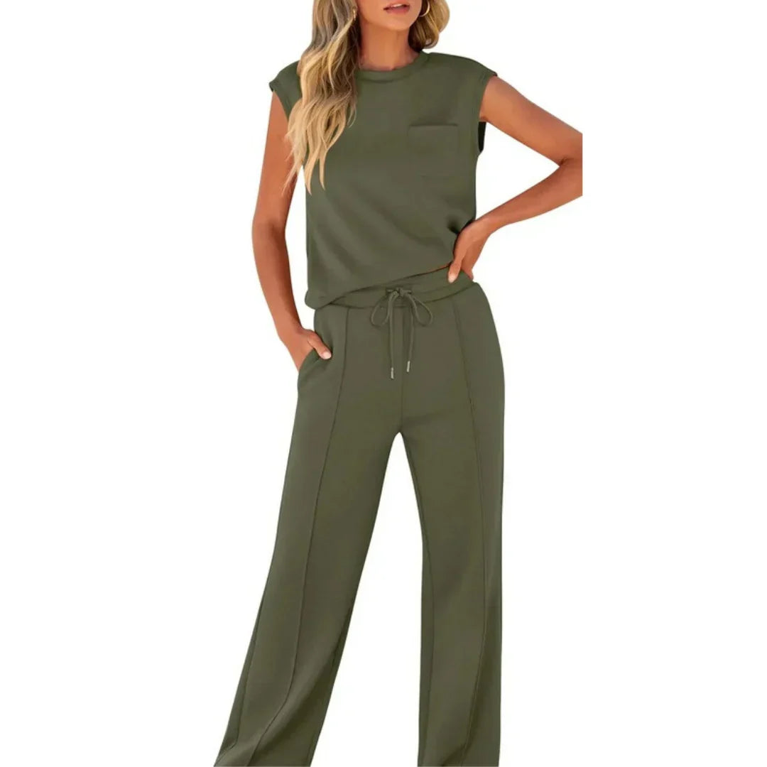 Calvindra | Women's Loungewear Set Cap Sleeve & Wide Leg Pants