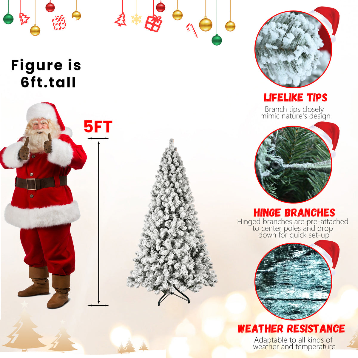 Pre-Lit Snow Flocked Christmas Tree 5ft, 6ft, 8ft, 9ft – Hinged PVC Branches with Lights