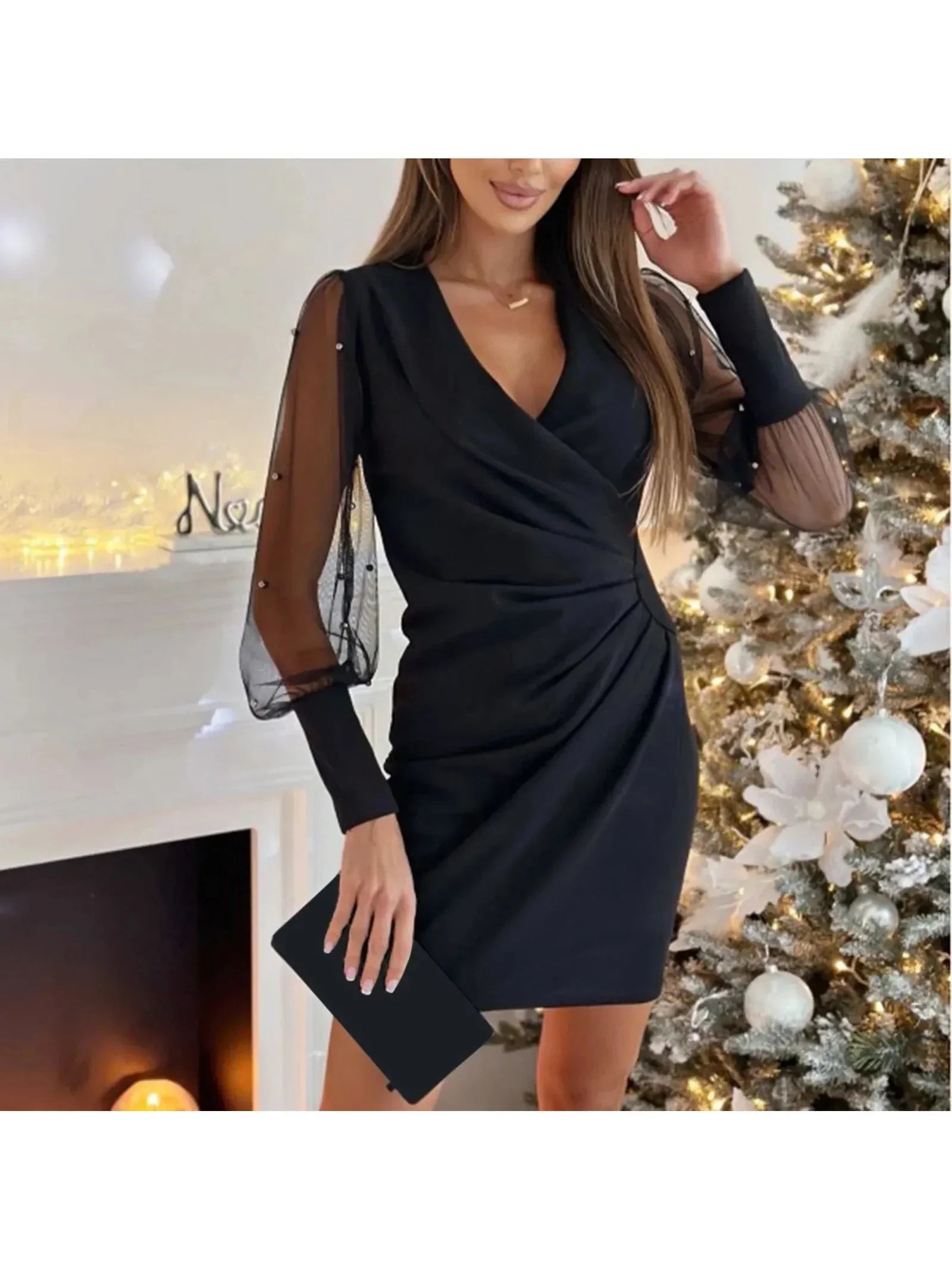 Women's Wrap Dress V-Neck Long Sheer Mesh Sleeve Ruched Bodycon Cocktail Party