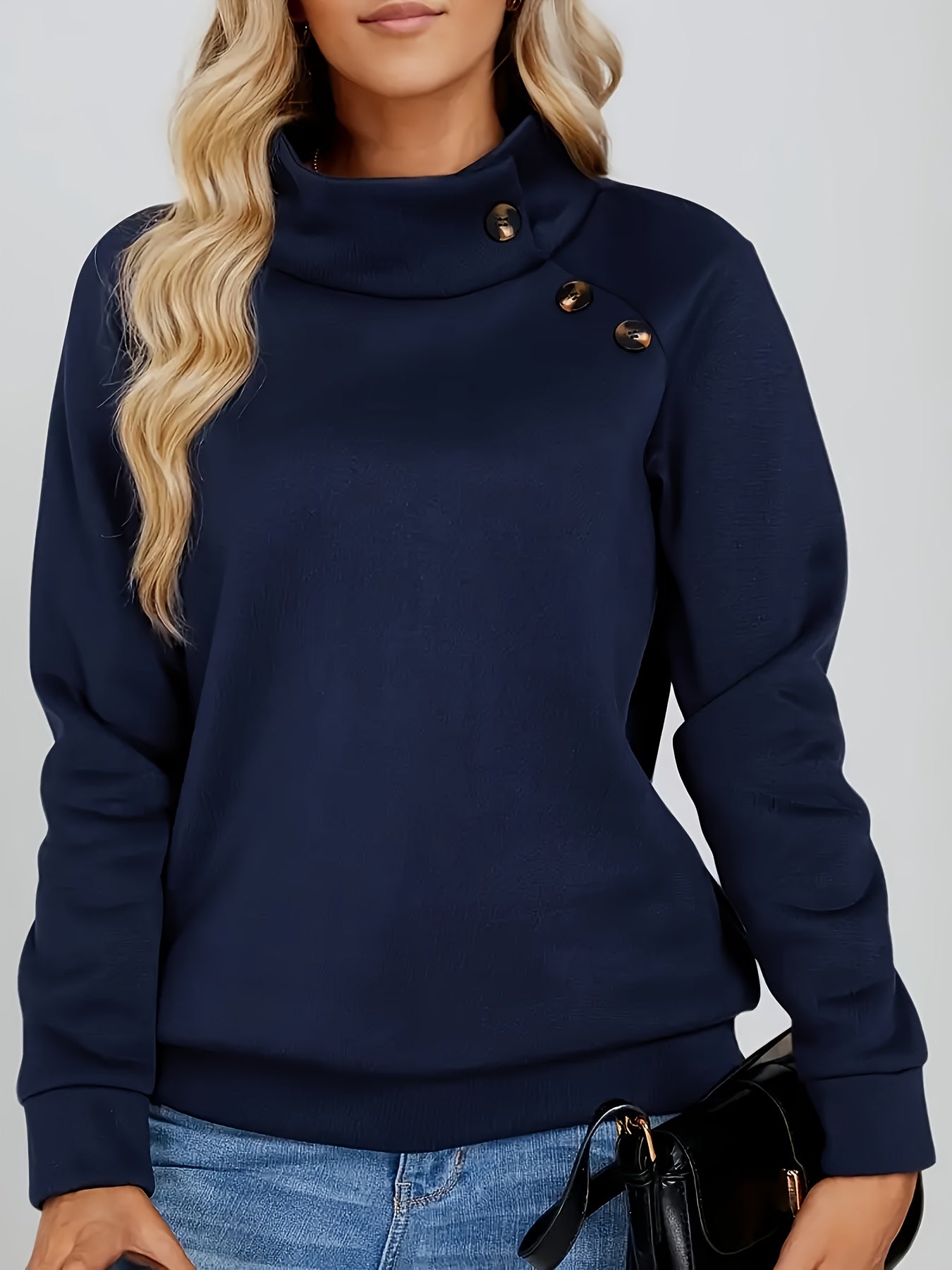 Refined Mock Neck Button-Accent Sweatshirt