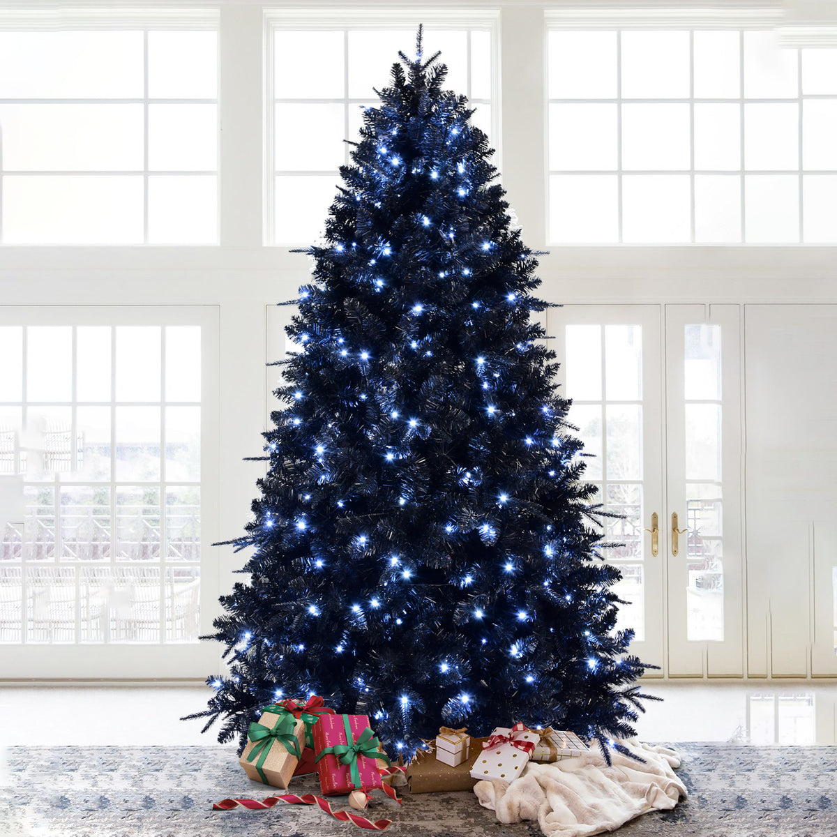 Pre-Lit Black Christmas Tree 5ft, 6ft, 7ft, 8ft – White Lights, PE/PVC Tips, Hinged Branches