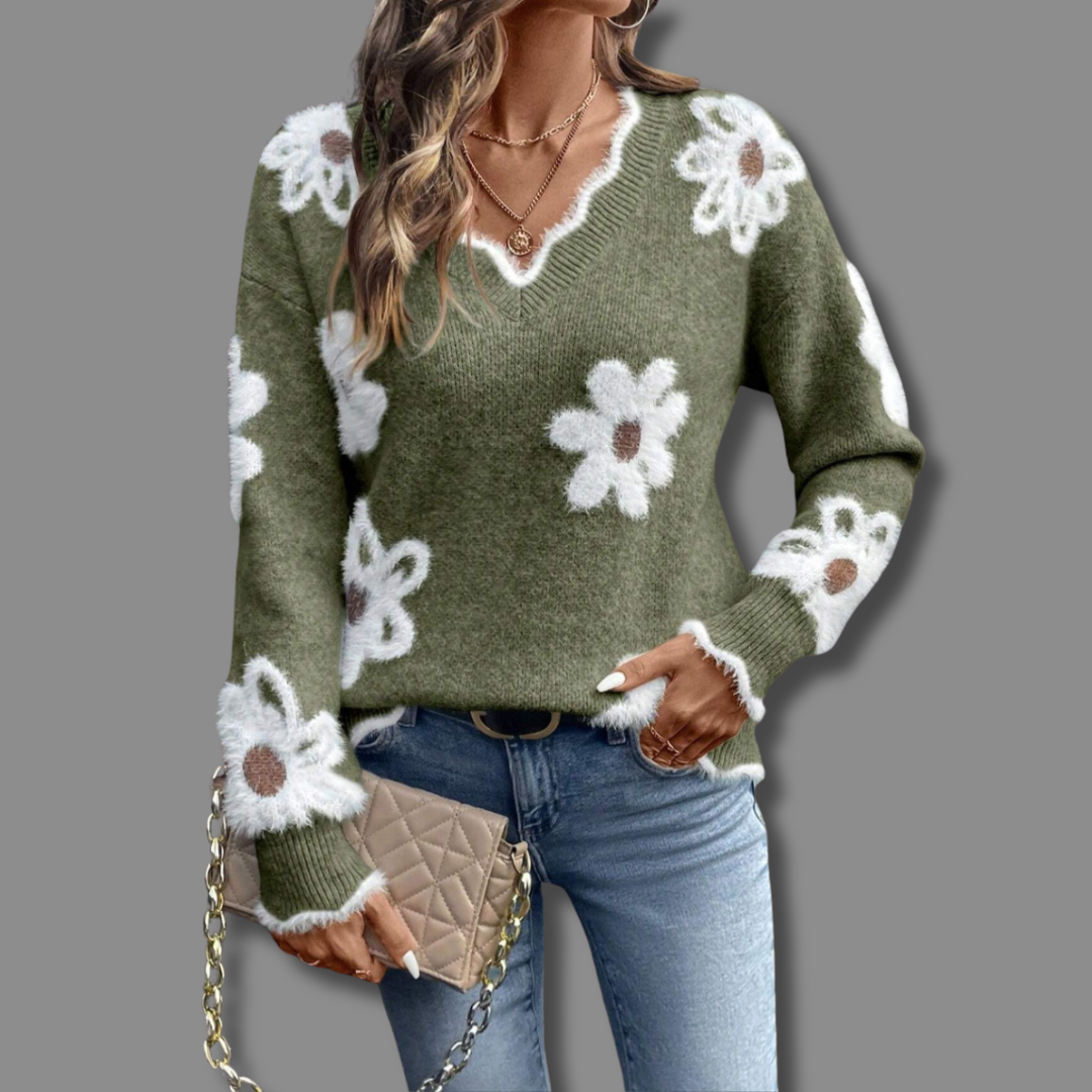 Delvaine | Women's Floral Knit V-Neck Sweater