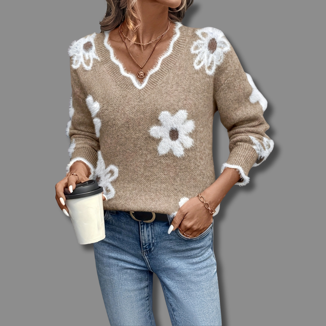 Delvaine | Women's Floral Knit V-Neck Sweater