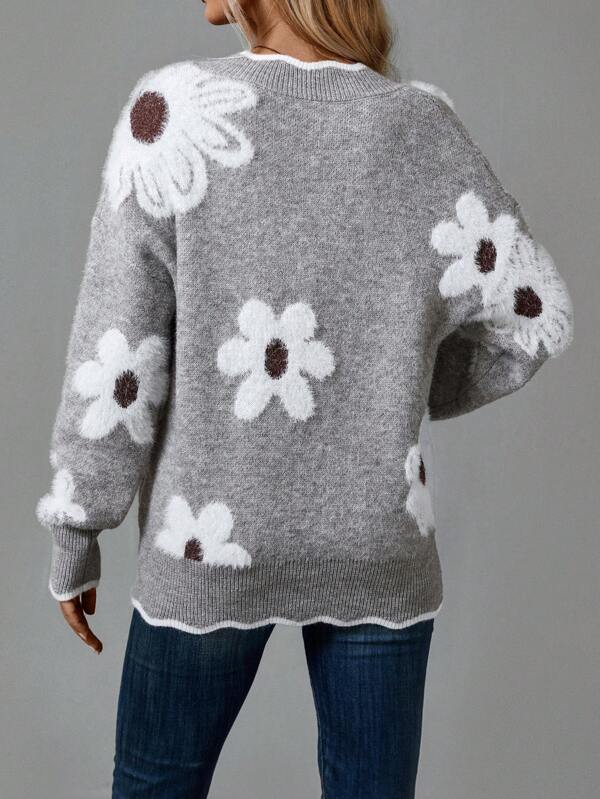 Delvaine | Women's Floral Knit V-Neck Sweater
