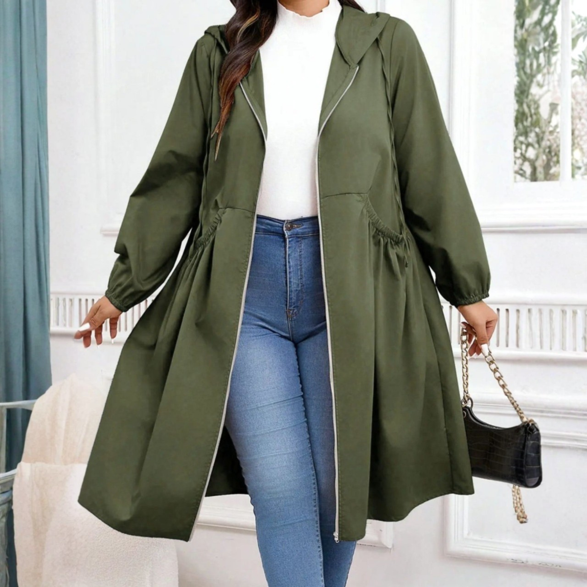 Dravisse | Women's Hooded Trench Coat Drawstring Waist