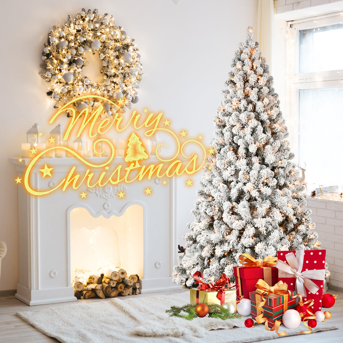 Pre-Lit Snow Flocked Christmas Tree 5ft, 6ft, 8ft, 9ft – Hinged PVC Branches with Lights
