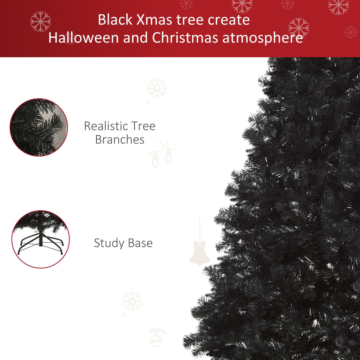 Black Christmas Tree 7ft – Unlit Artificial Tree with Auto-Open PVC Branches, Metal Base