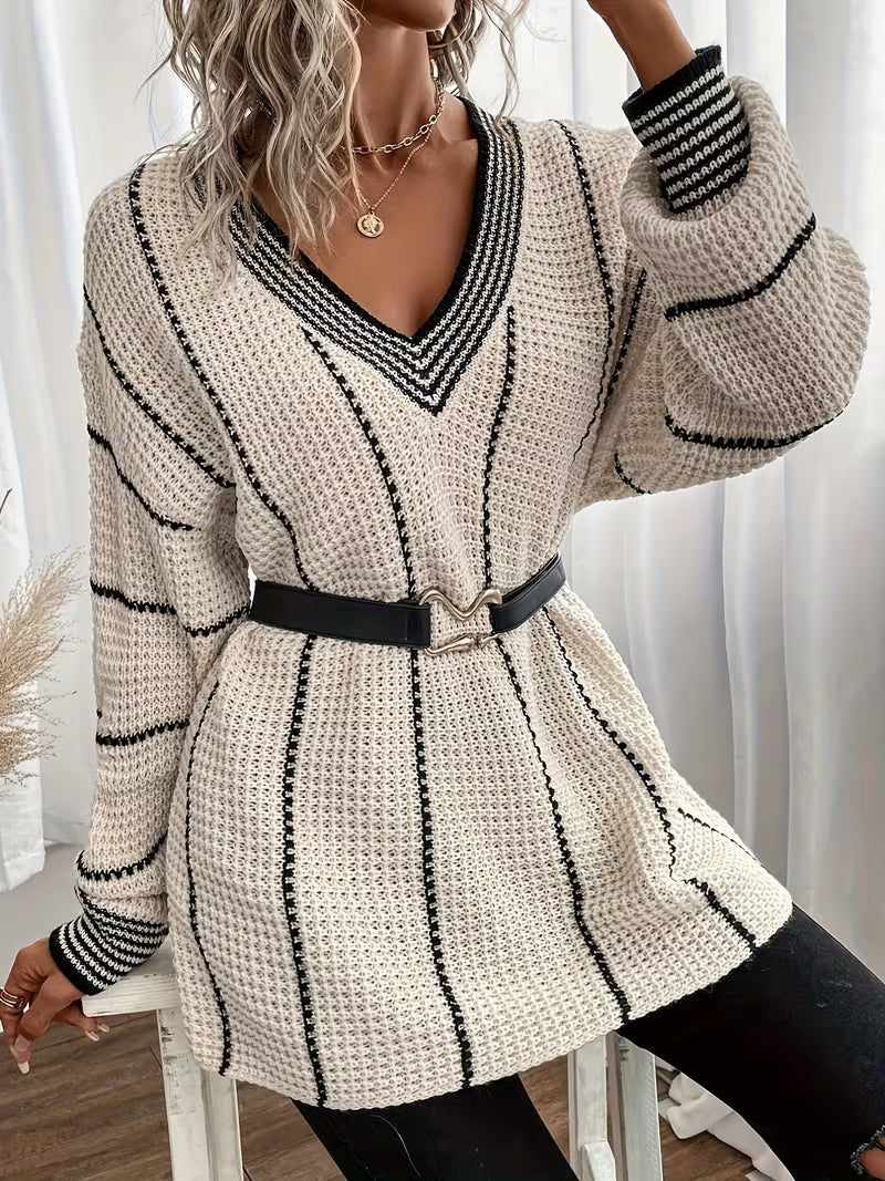 Fennick | Women's Oversized V-Neck Striped Knit Sweater