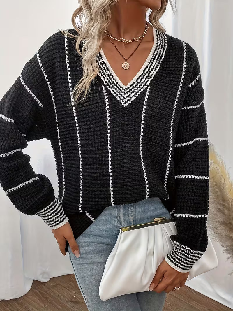 Fennick | Women's Oversized V-Neck Striped Knit Sweater
