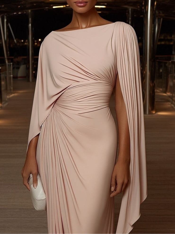 Women's Maxi Dress Draped Bodice Pleated Sleeves Wedding Guest Outfit