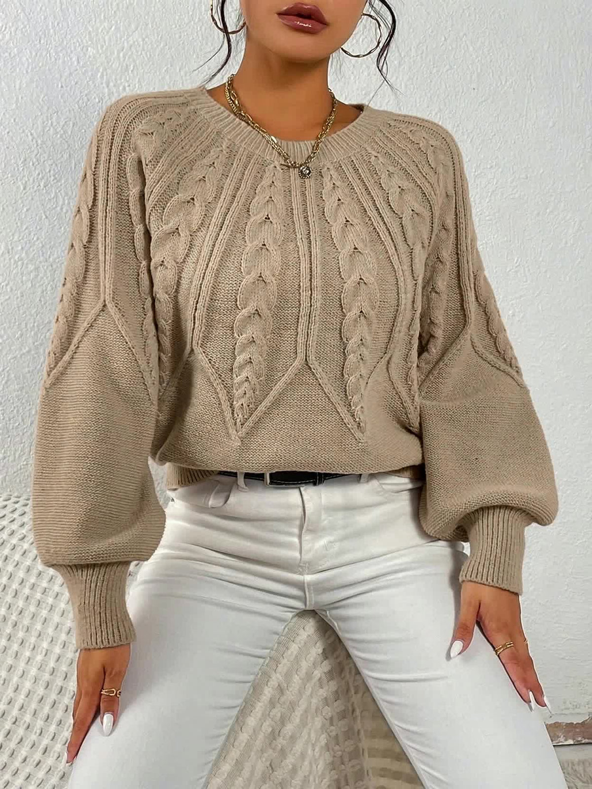 Halvine | Women's Cable Knit Sweater with Lantern Sleeves