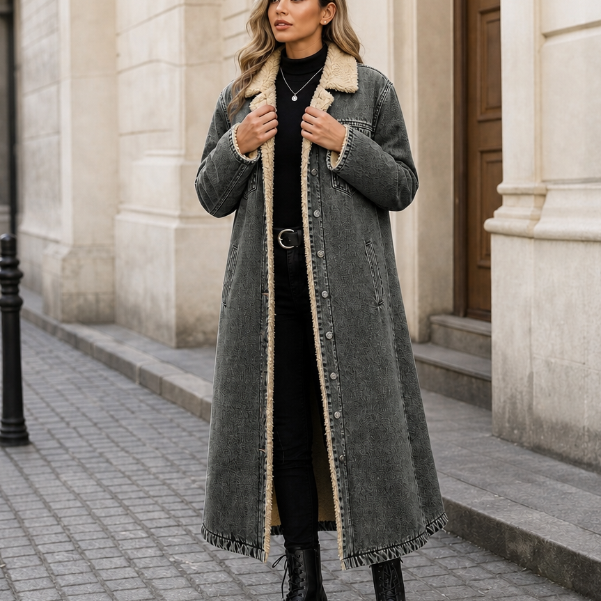 Halvorne | Women's Sherpa-Lined Long Denim Winter Coat