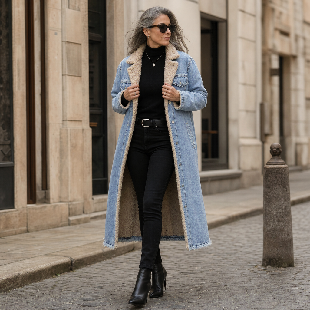 Halvorne | Women's Sherpa-Lined Long Denim Winter Coat