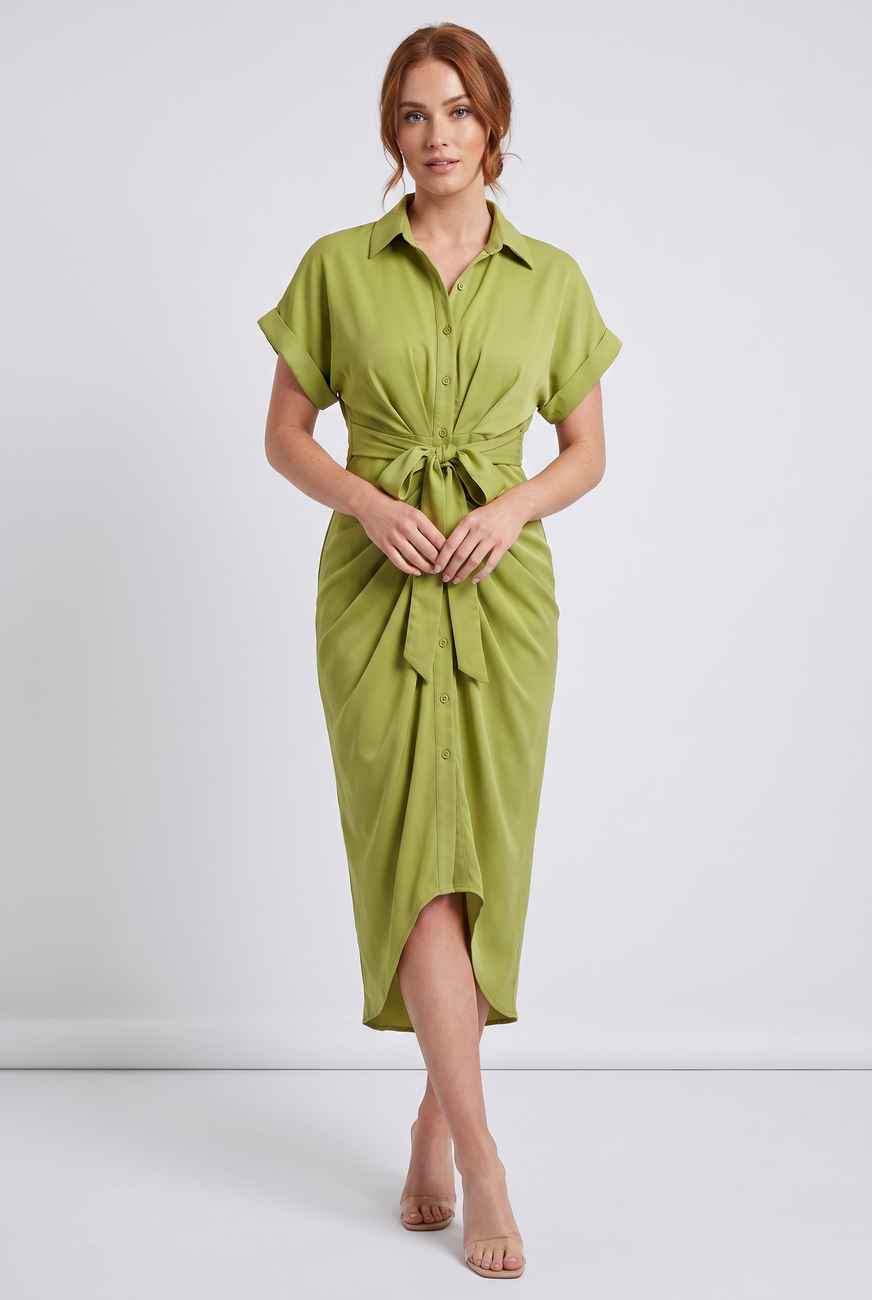 Women's Satin Midi Shirt Dress Draped Wrap Skirt Short Sleeve Collared Belted