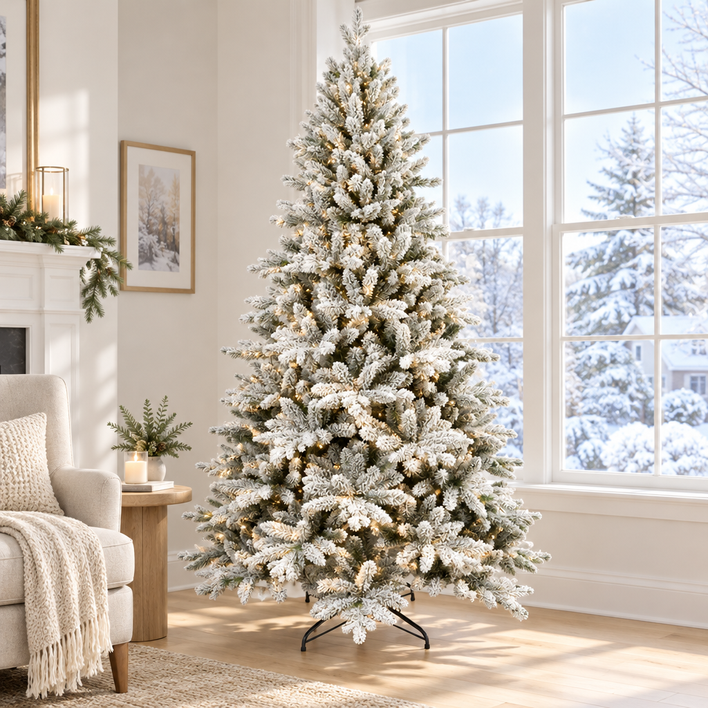 Unlit Snow Flocked Christmas Tree 7ft – by a window in daylight