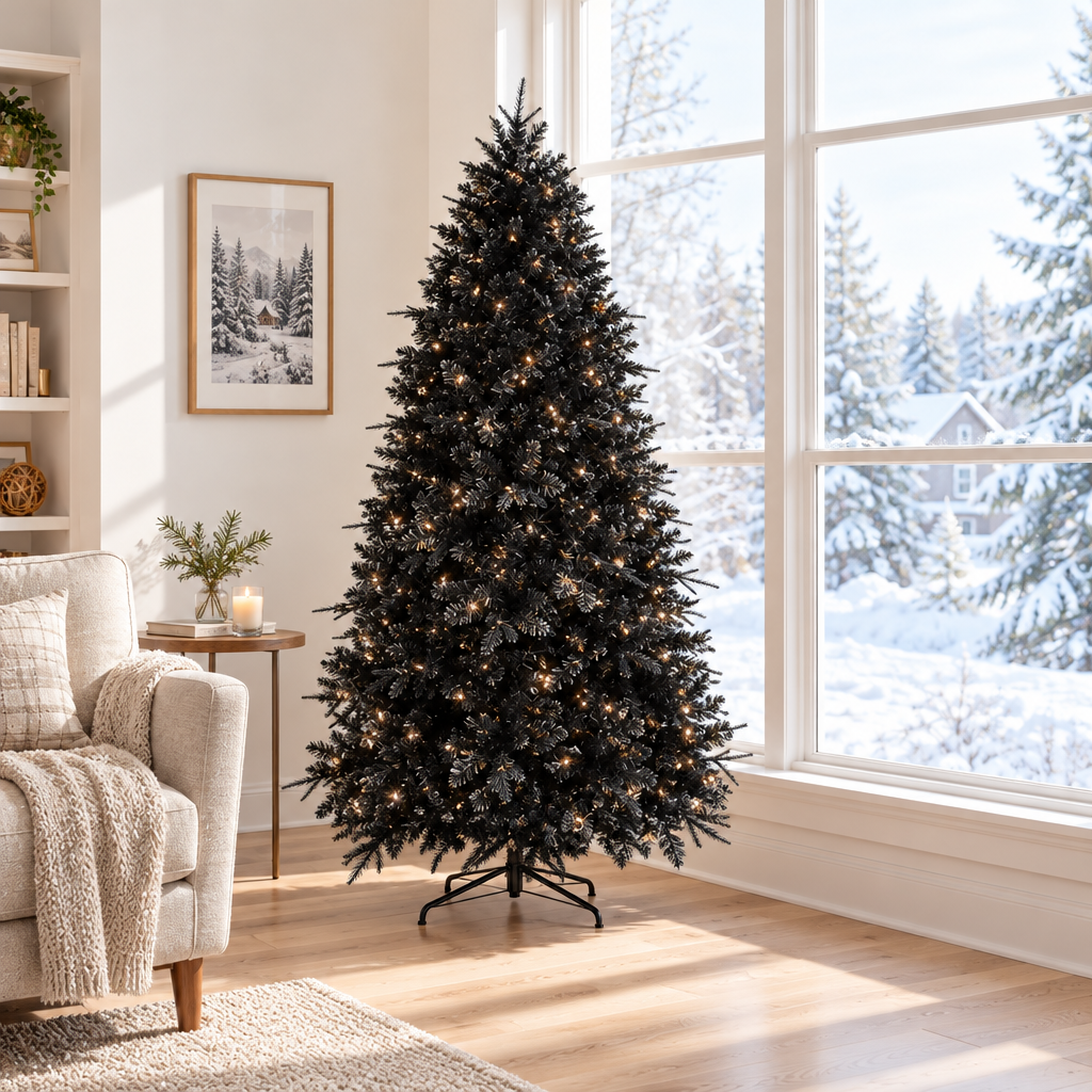 Pre-Lit Black Christmas Tree 5ft, 6ft, 7ft, 8ft – by a window in daylight
