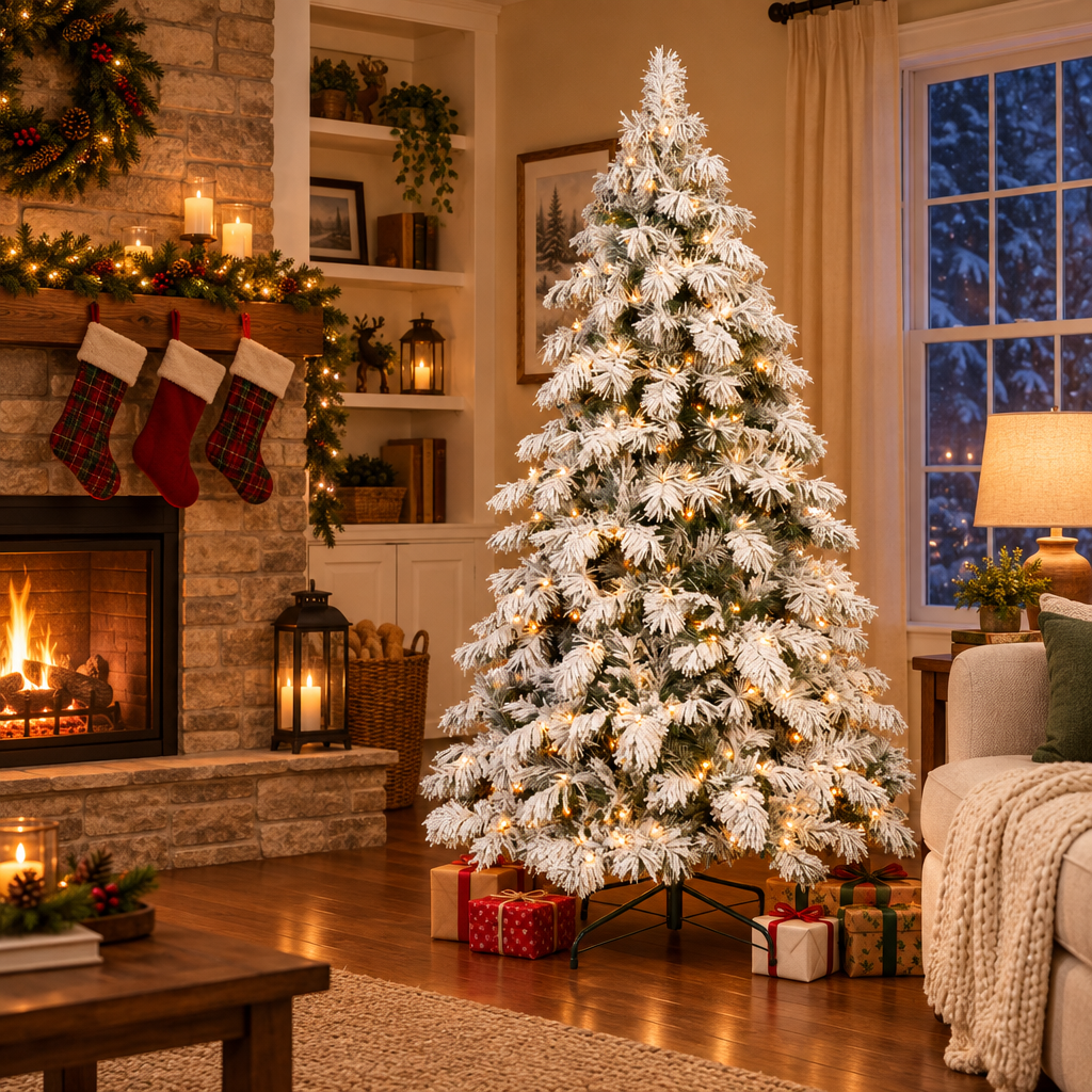 Pre-Lit Snow Flocked Christmas Tree 5ft, 6ft, 7ft, 8ft – in a cozy living room by the fireplace