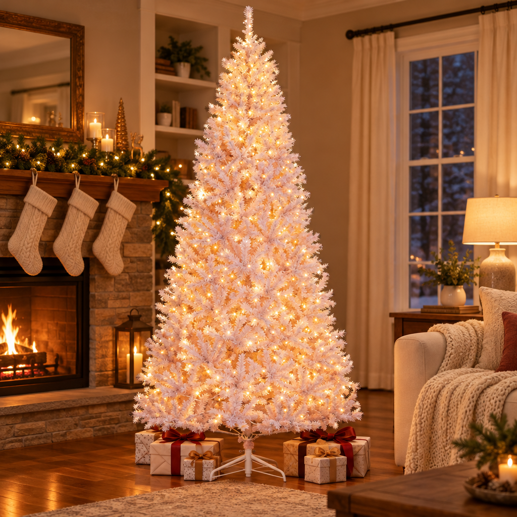 Pre-Lit Pink Christmas Tree 7.5ft – in a cozy living room by the fireplace