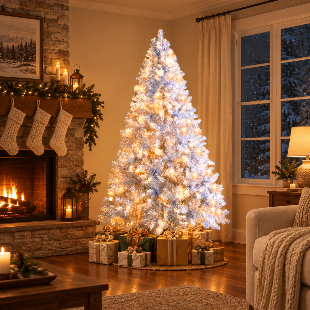 Pre-Lit Silver Christmas Tree 6ft – in a cozy living room by the fireplace