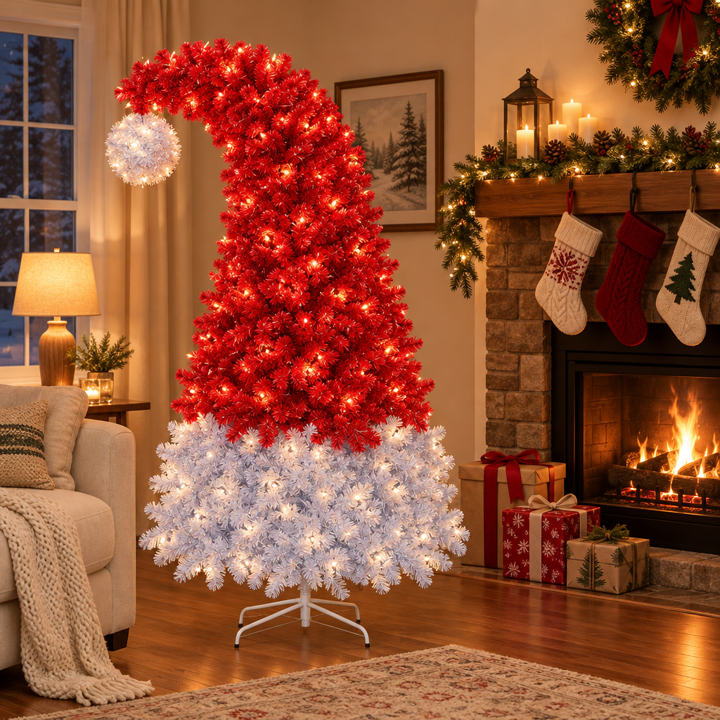 Pre-Lit Santa Hat Christmas Tree 6ft – in a cozy living room by the fireplace