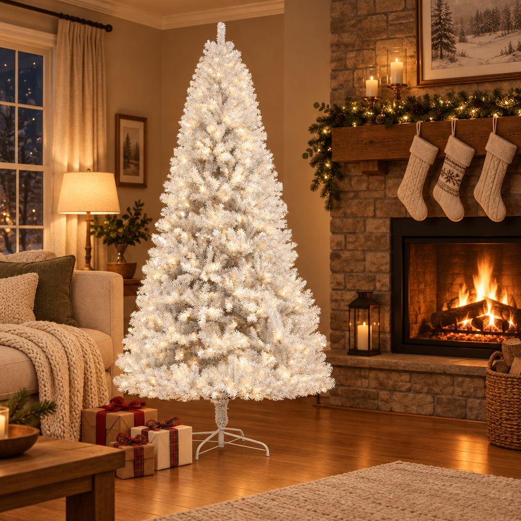 Unlit White Christmas Tree 6ft – in a cozy living room by the fireplace