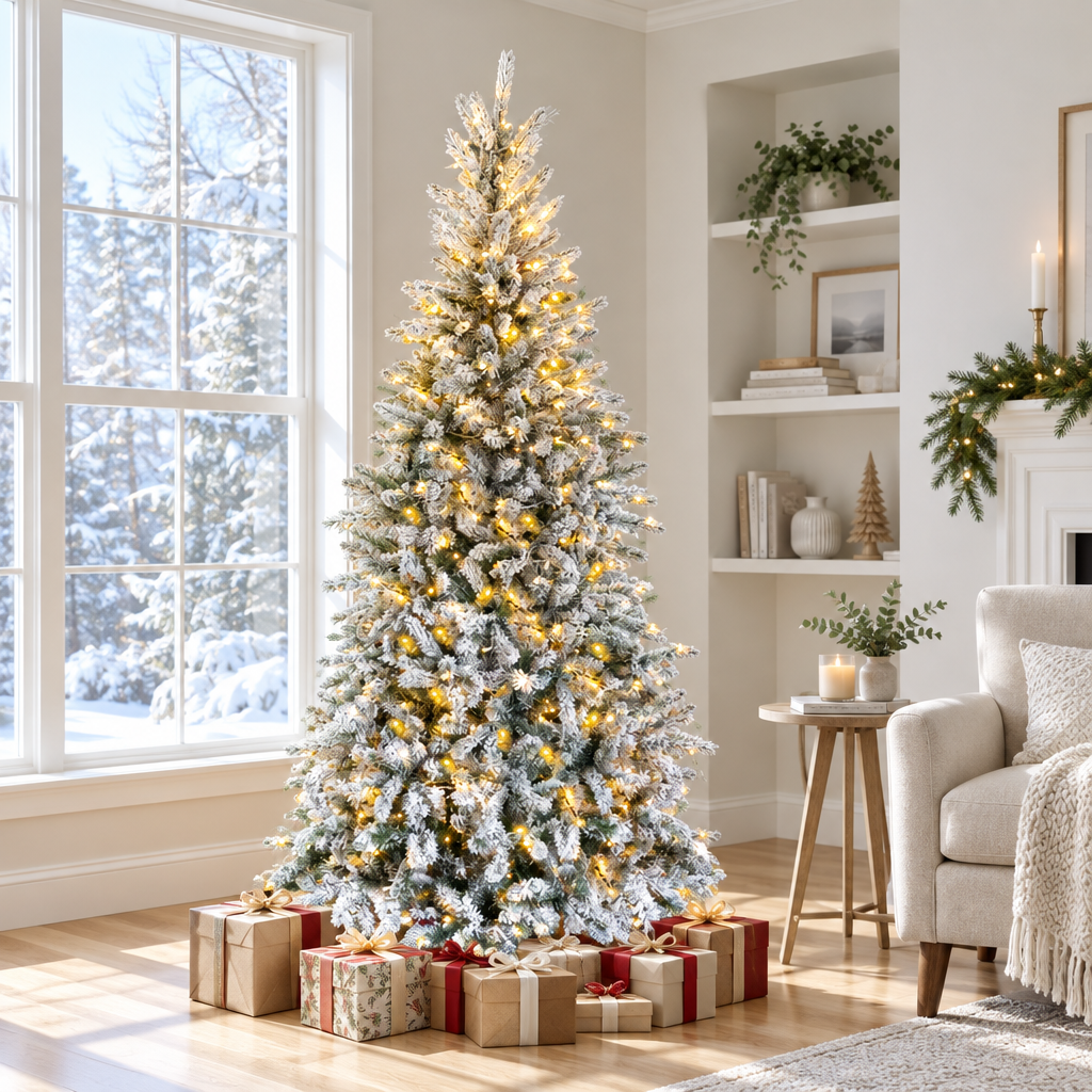 Pre-Lit Snow Flocked Pencil Christmas Tree 7ft – by a window in daylight