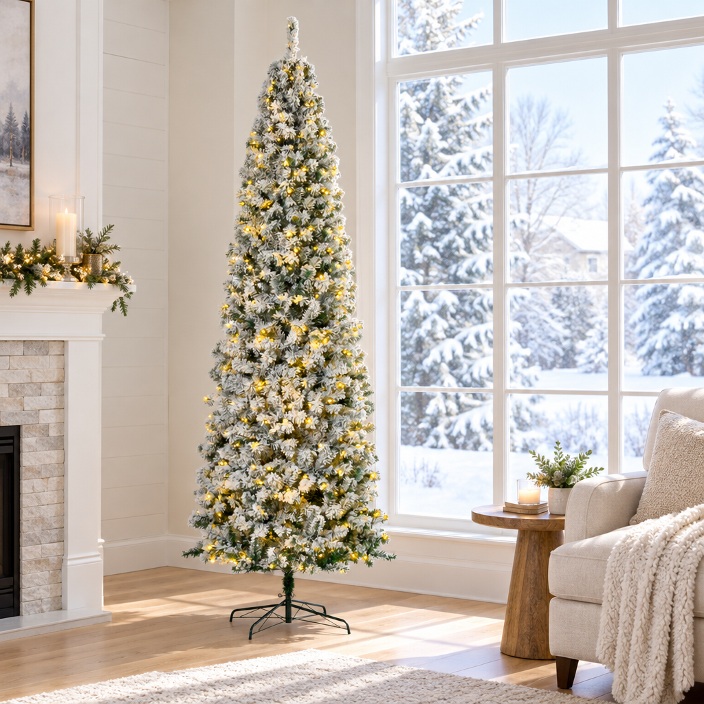 Pre-Lit Snow Flocked Pencil Christmas Tree 9ft – by a window in daylight