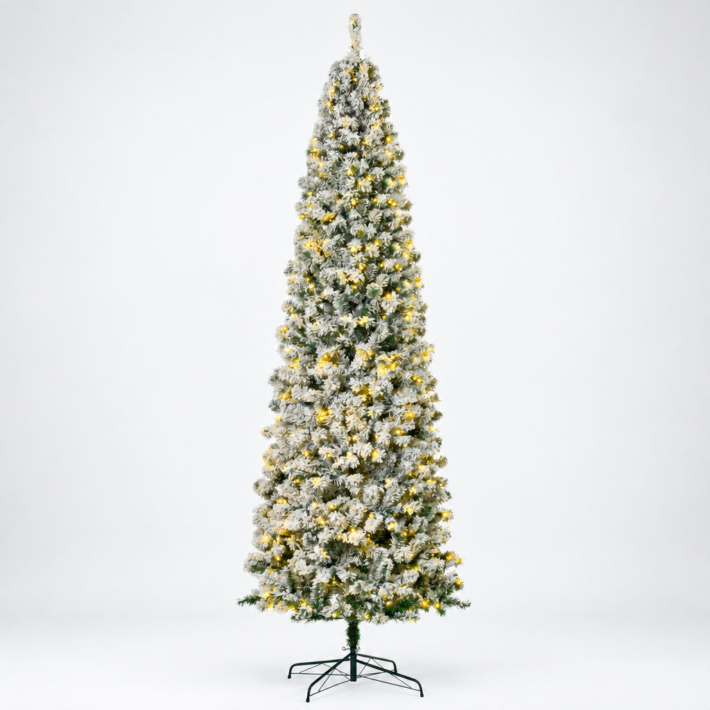 Pre-Lit Snow Flocked Pencil Christmas Tree 9ft – studio photo