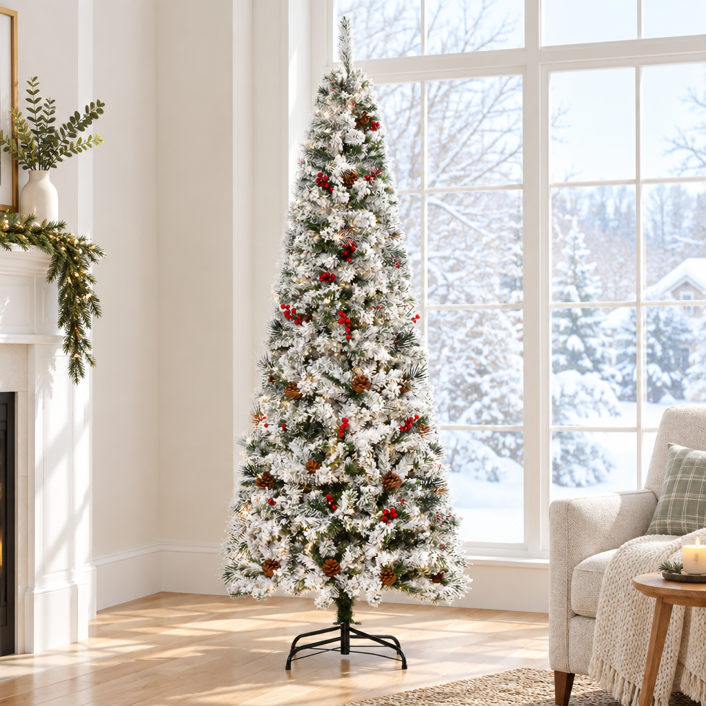 Snow Flocked Pencil Christmas Tree 6ft – by a window in daylight