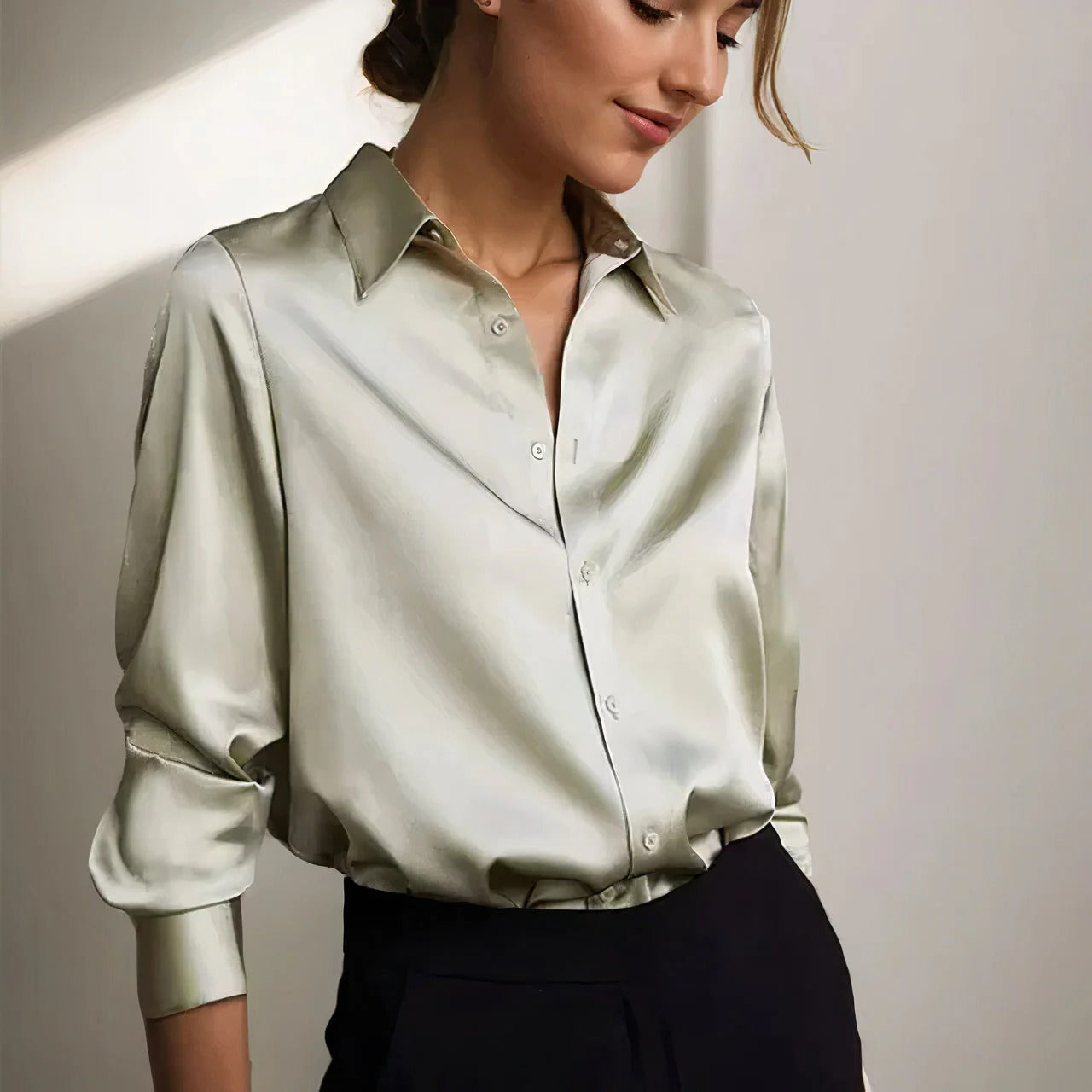 Sage | Women's Satin Button-Down Blouse Long Sleeve Collar Shirt