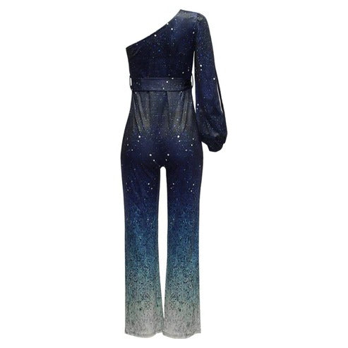 Roxanne | Women's One Shoulder Sequin Ombre Flare Leg Jumpsuit
